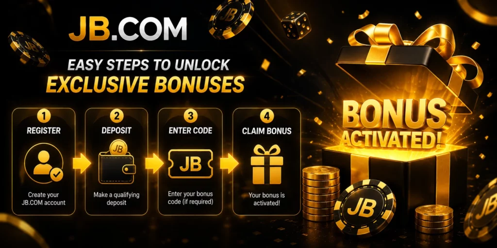 JB Casino bonus activation process with official JB.COM logo.